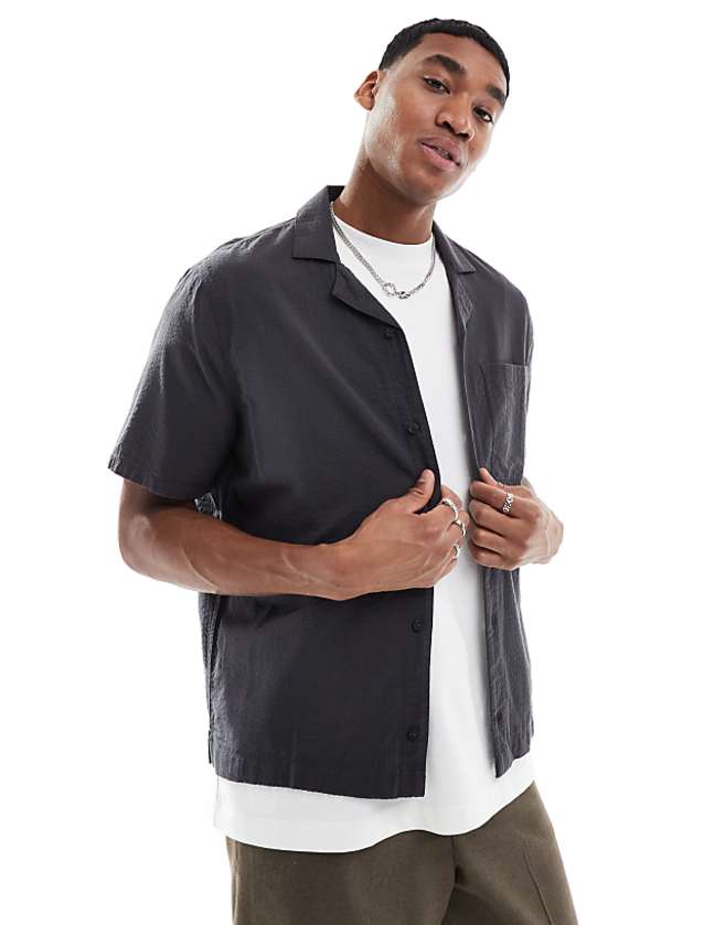 asos Hollister short sleeve textured shirt in black