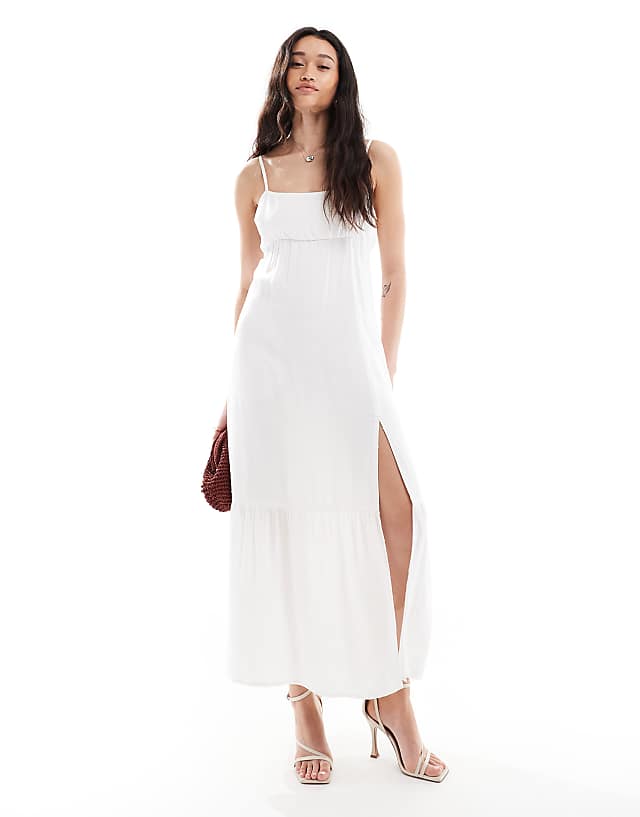 asos Hollister square neck babydoll maxi dress with a slit in white