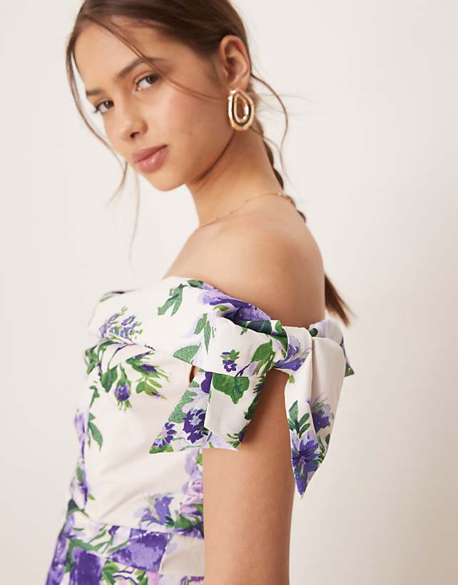 Asos Hope & Ivy Bardot Sleeve Pencil Midi Dress In White And Purple