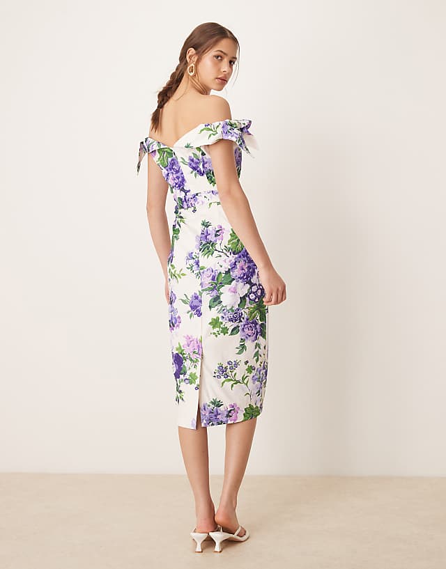 Asos Hope & Ivy Bardot Sleeve Pencil Midi Dress In White And Purple