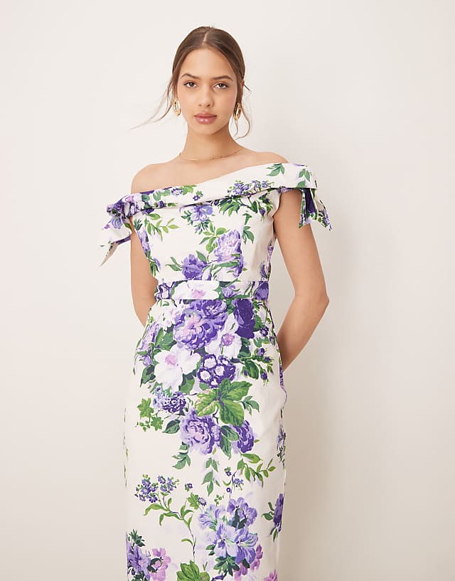 Asos Hope & Ivy Bardot Sleeve Pencil Midi Dress In White And Purple