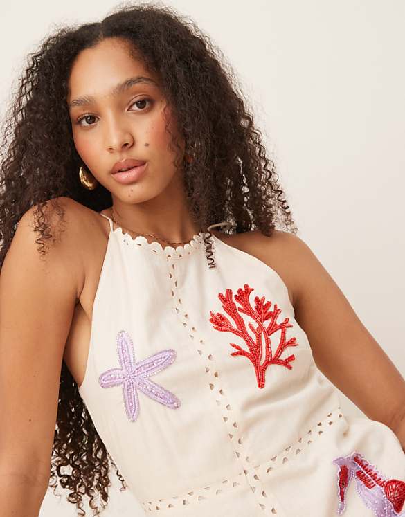 Asos Hope & Ivy Beach Embellished High Neck Midi Dress In Cream