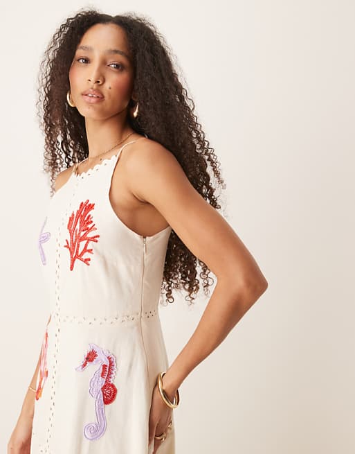 Asos Hope & Ivy Beach Embellished High Neck Midi Dress In Cream