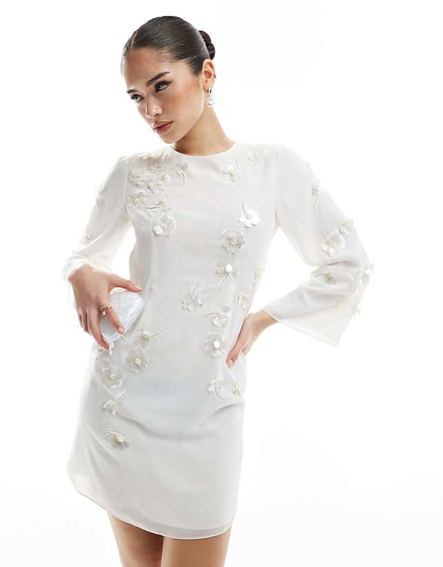 asos Hope & Ivy Bridal embellished flare sleeve mini dress in white