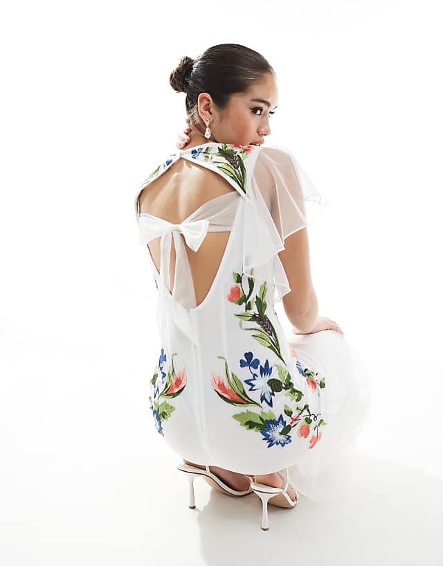 Asos Hope & Ivy Bridal Embroidered Open Back Maxi Dress With Tie Detail In White