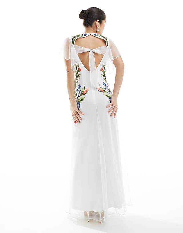 Asos Hope & Ivy Bridal Embroidered Open Back Maxi Dress With Tie Detail In White