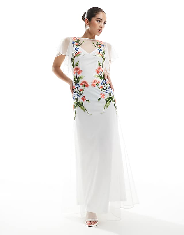 asos Hope & Ivy Bridal embroidered open back maxi dress with tie detail in white