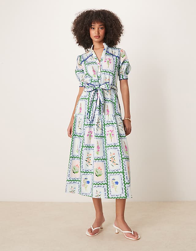 Asos Hope & Ivy Button Front Midi Dress With Tiered Skirt And Tie Waist In Multi
