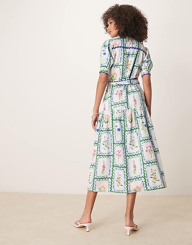 Asos Hope & Ivy Button Front Midi Dress With Tiered Skirt And Tie Waist In Multi