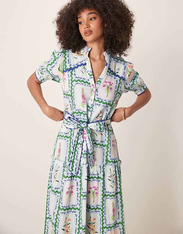 asos Hope & Ivy button front midi dress with tiered skirt and tie waist in multi