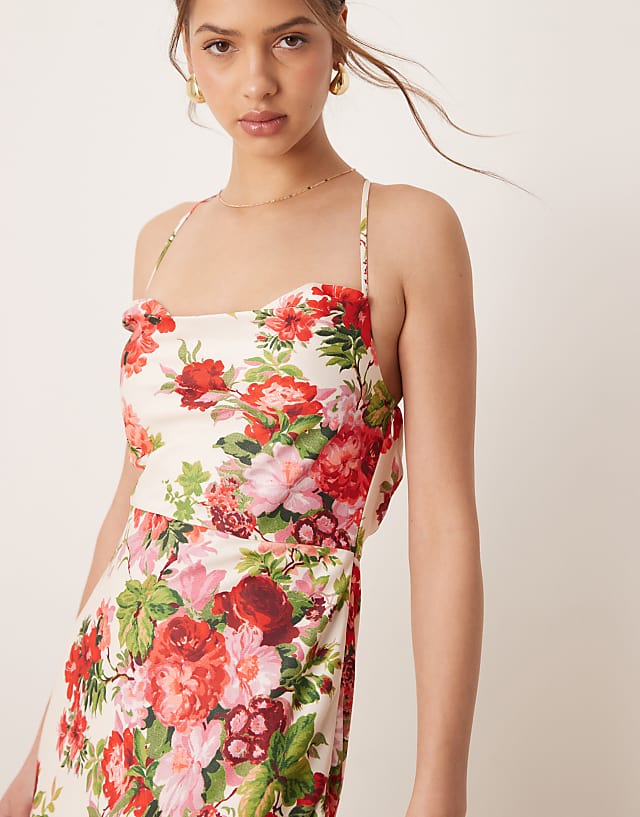 Asos Hope & Ivy Cowl Neck Cross Back Maxi Dress With Thigh Split In White Red Floral
