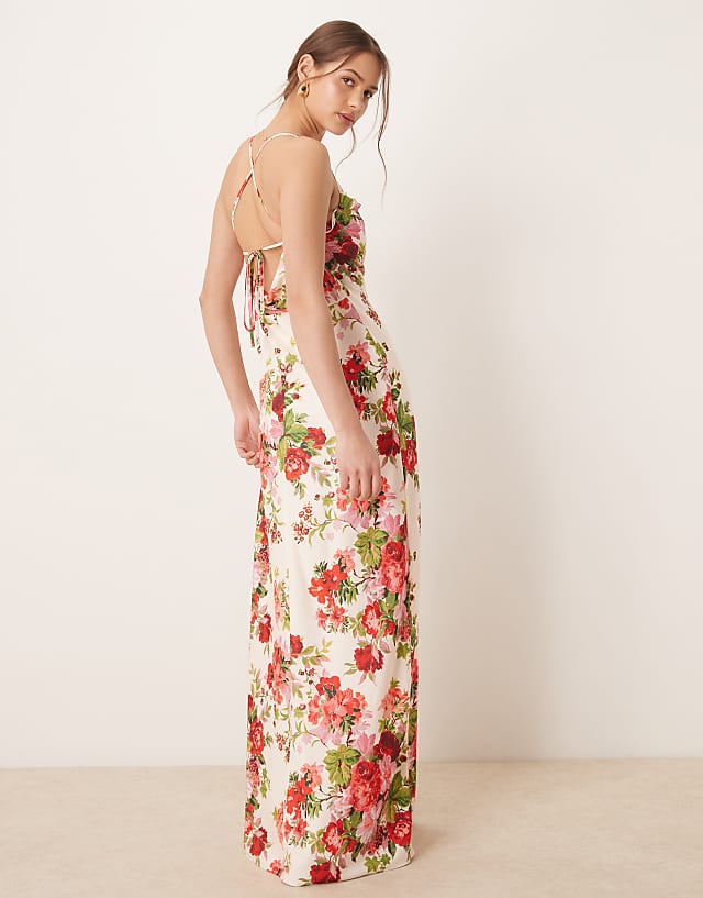 Asos Hope & Ivy Cowl Neck Cross Back Maxi Dress With Thigh Split In White Red Floral