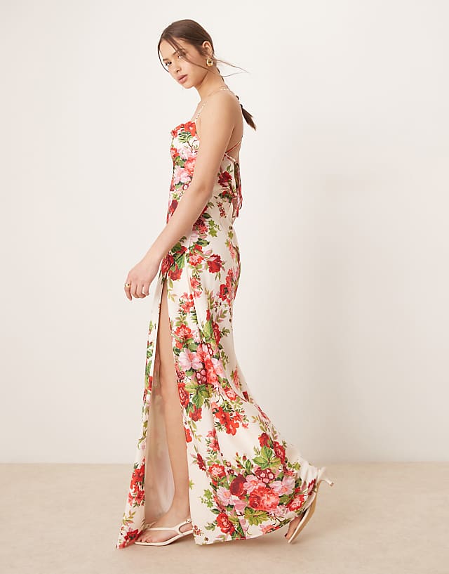 Asos Hope & Ivy Cowl Neck Cross Back Maxi Dress With Thigh Split In White Red Floral