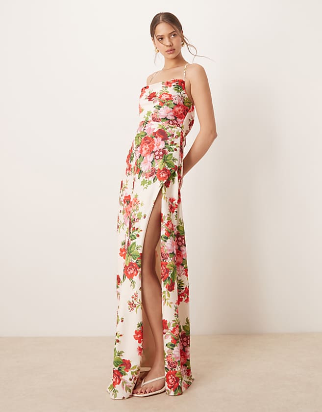 asos Hope & Ivy cowl neck cross back maxi dress with thigh split in white red floral