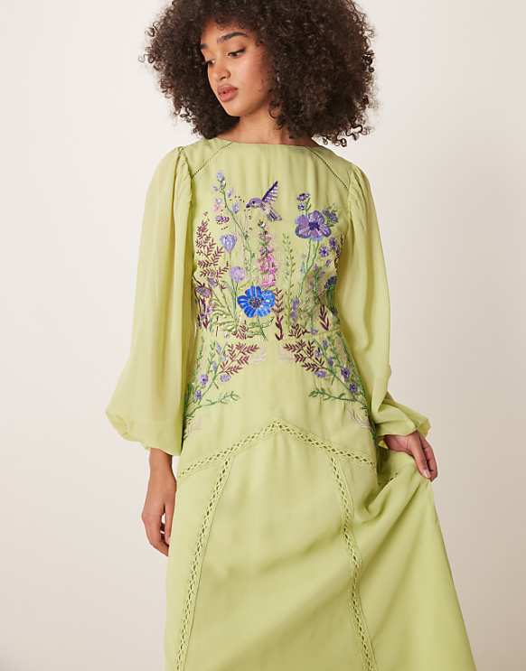 Asos Hope & Ivy Embellished High Neck Midi Dress With Blouson Sleeves In Lime