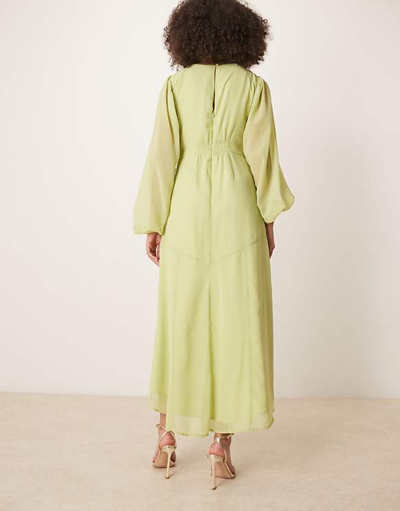 Asos Hope & Ivy Embellished High Neck Midi Dress With Blouson Sleeves In Lime
