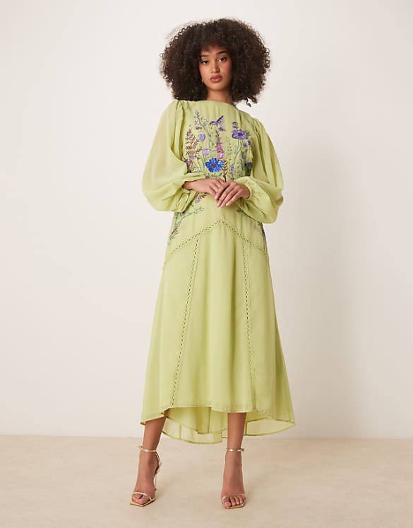 asos Hope & Ivy embellished high neck midi dress with blouson sleeves in lime