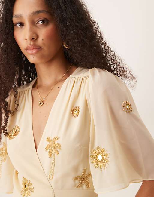 Asos Hope & Ivy Embellished Maxi Wrap Dress In Pale Buttermilk