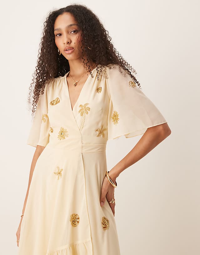 Asos Hope & Ivy Embellished Maxi Wrap Dress In Pale Buttermilk