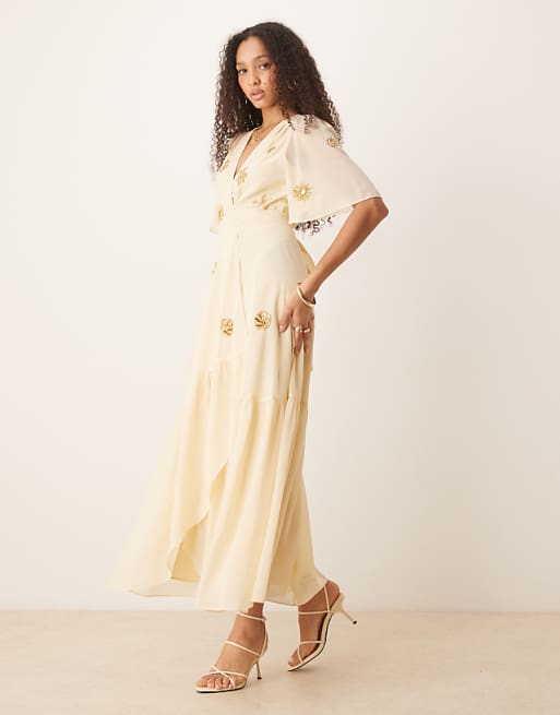 asos Hope & Ivy embellished maxi wrap dress in pale buttermilk