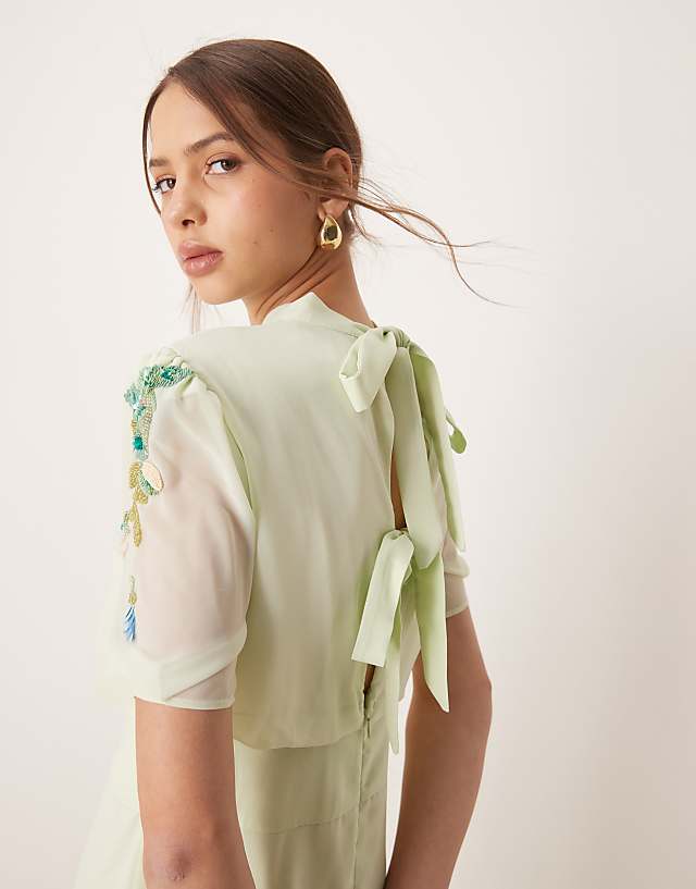 Asos Hope & Ivy Embellished Midi Dress With Bow Back In Mint Green