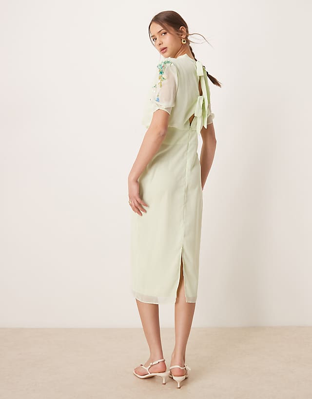 Asos Hope & Ivy Embellished Midi Dress With Bow Back In Mint Green