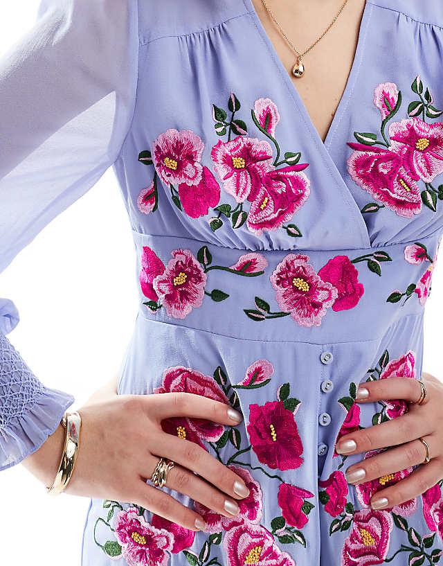 Asos Hope & Ivy Embroidered Long Sleeve Button Front Midi Dress In Lilac