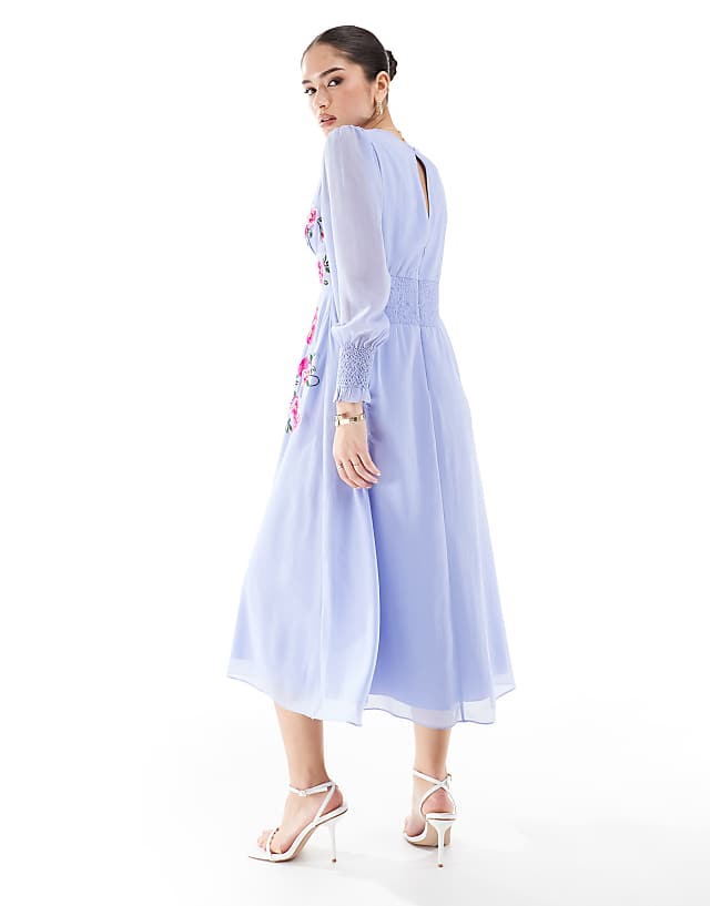 Asos Hope & Ivy Embroidered Long Sleeve Button Front Midi Dress In Lilac