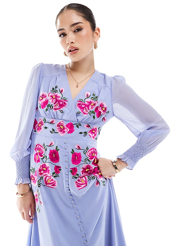 Asos Hope & Ivy Embroidered Long Sleeve Button Front Midi Dress In Lilac