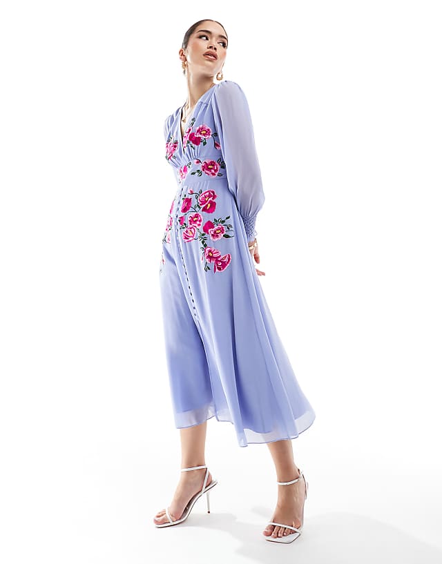 asos Hope & Ivy embroidered long sleeve button front midi dress in lilac