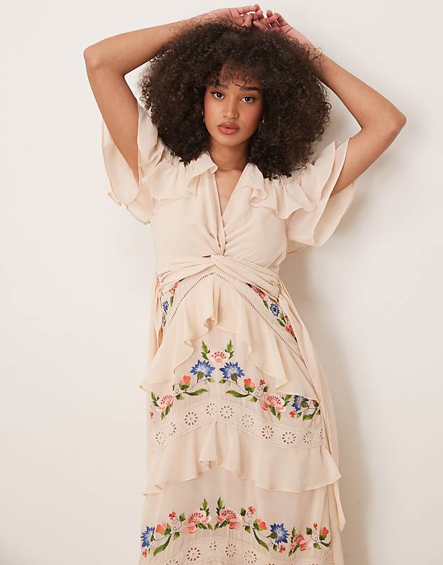 Asos Hope & Ivy Embroidered V-neck Tiered Skirt Midi Dress In Cream