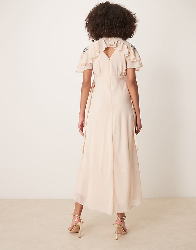 Asos Hope & Ivy Embroidered V-neck Tiered Skirt Midi Dress In Cream