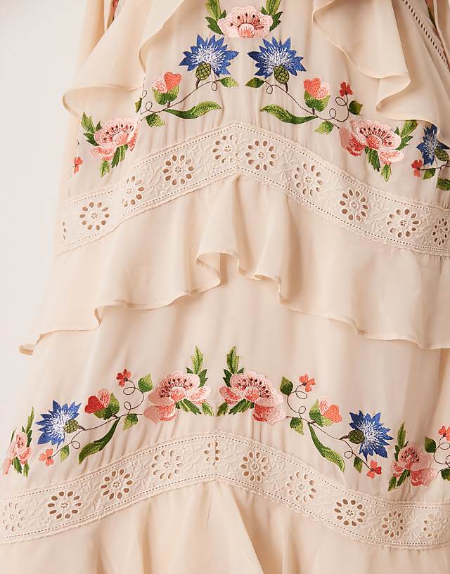 Asos Hope & Ivy Embroidered V-neck Tiered Skirt Midi Dress In Cream