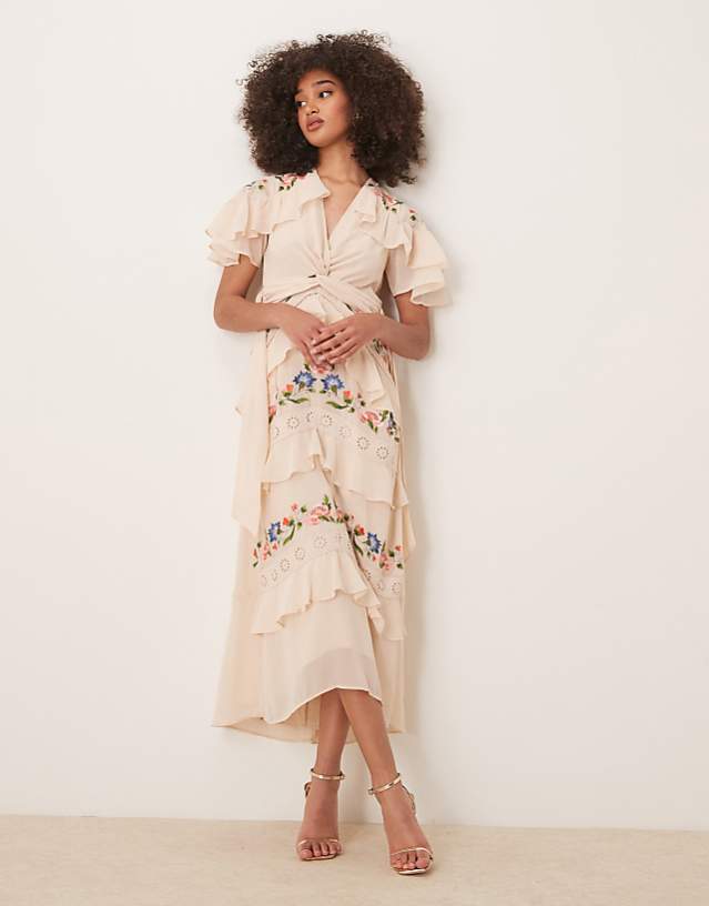 asos Hope & Ivy embroidered v-neck tiered skirt midi dress in cream