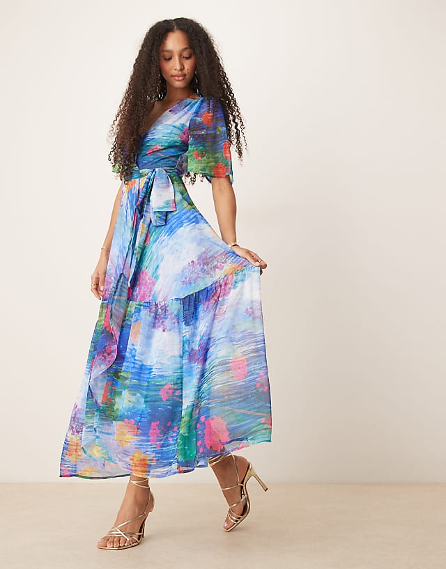Asos Hope & Ivy Flutter Sleeve Maxi Wrap Dress In Blue Floral