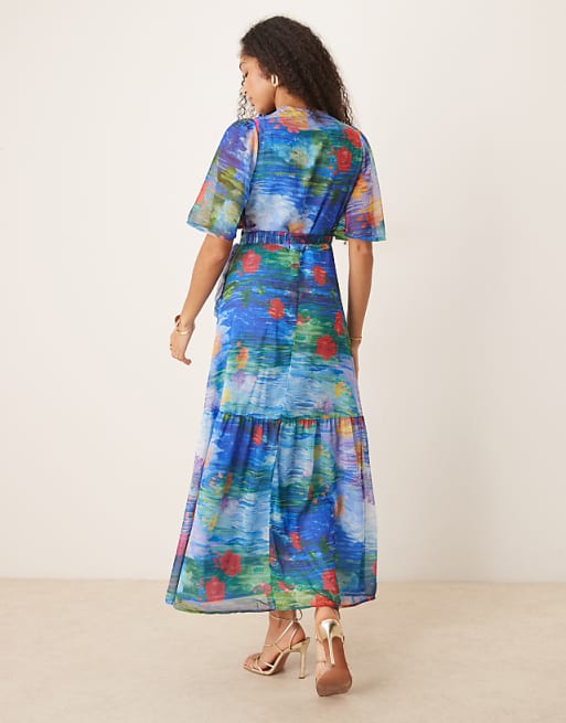 Asos Hope & Ivy Flutter Sleeve Maxi Wrap Dress In Blue Floral