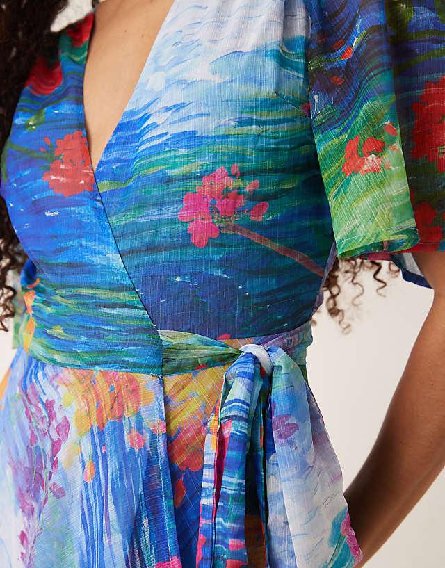 Asos Hope & Ivy Flutter Sleeve Maxi Wrap Dress In Blue Floral