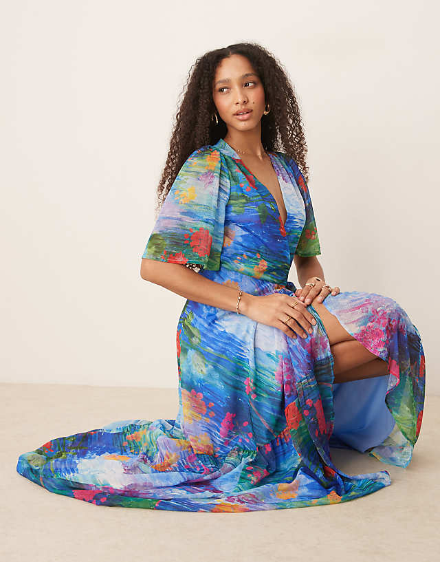 asos Hope & Ivy flutter sleeve maxi wrap dress in blue floral