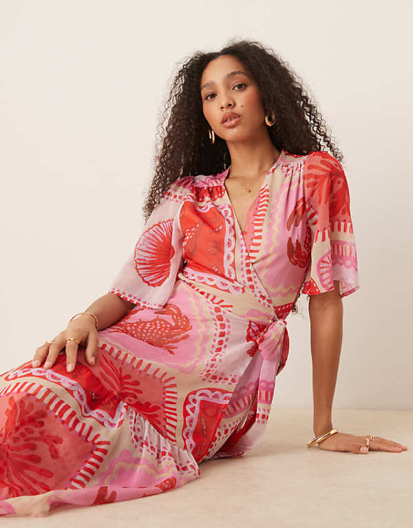 Asos Hope & Ivy Flutter Sleeve Maxi Wrap Dress In Pink Beach Print