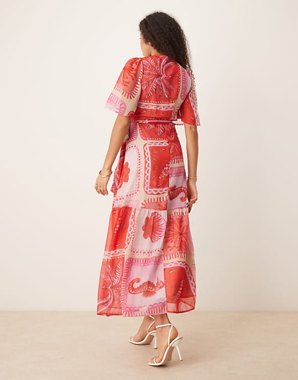 Asos Hope & Ivy Flutter Sleeve Maxi Wrap Dress In Pink Beach Print