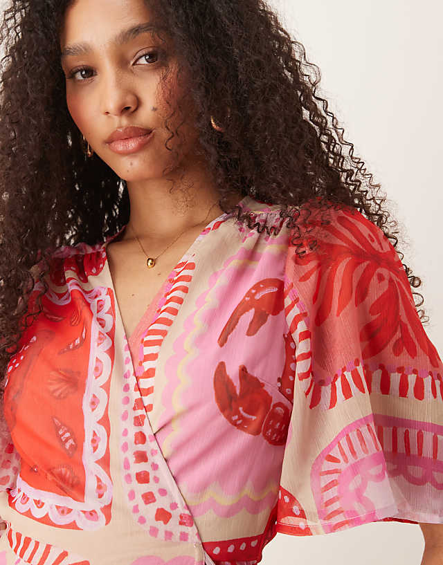 Asos Hope & Ivy Flutter Sleeve Maxi Wrap Dress In Pink Beach Print
