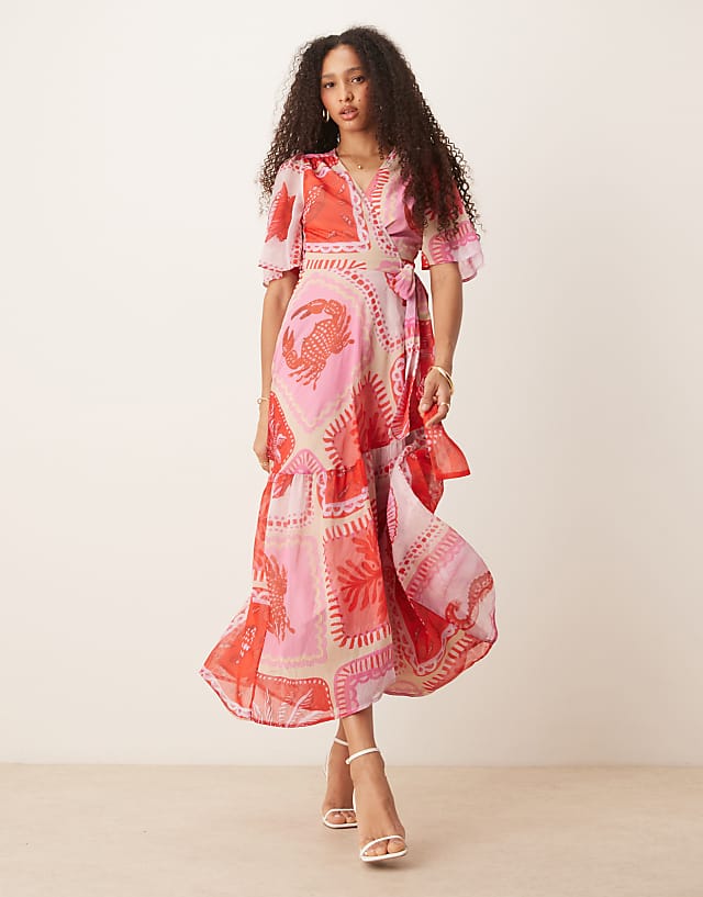 asos Hope & Ivy flutter sleeve maxi wrap dress in pink beach print