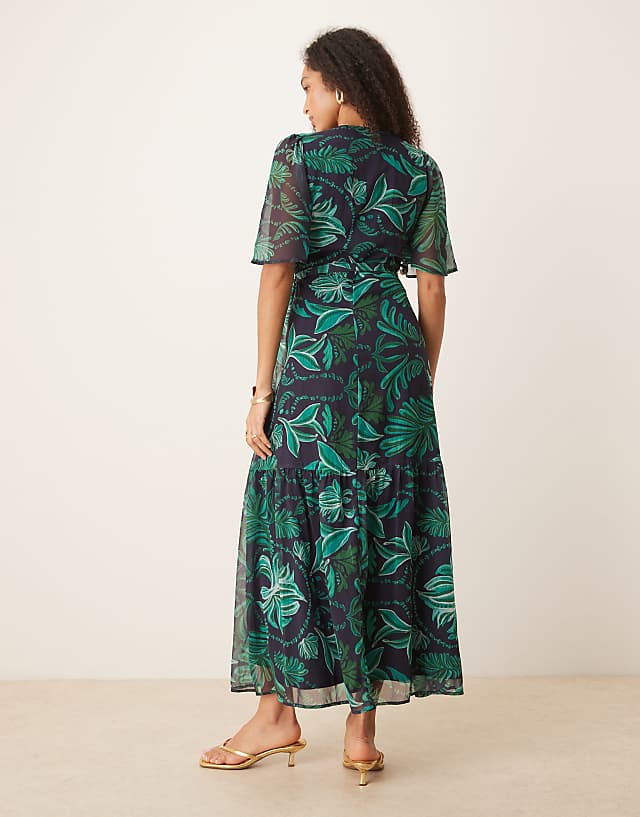 Asos Hope & Ivy Flutter Sleeve Maxi Wrap Dress In Turquoise Palm Print