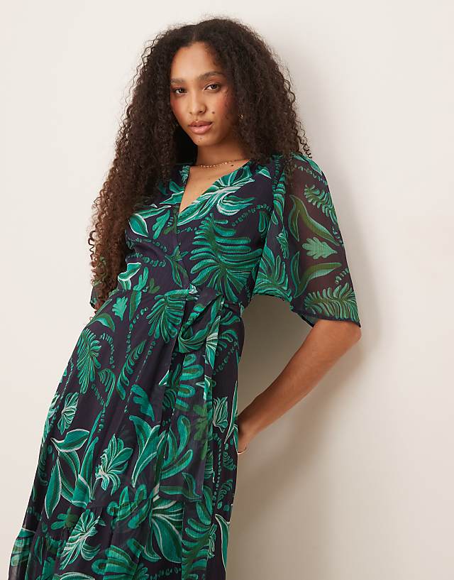 Asos Hope & Ivy Flutter Sleeve Maxi Wrap Dress In Turquoise Palm Print