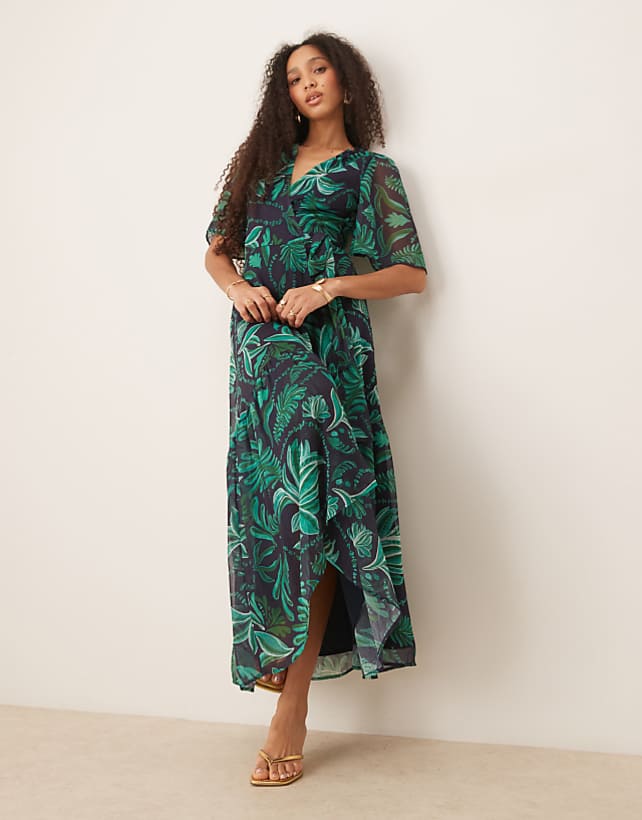 asos Hope & Ivy flutter sleeve maxi wrap dress in turquoise palm print