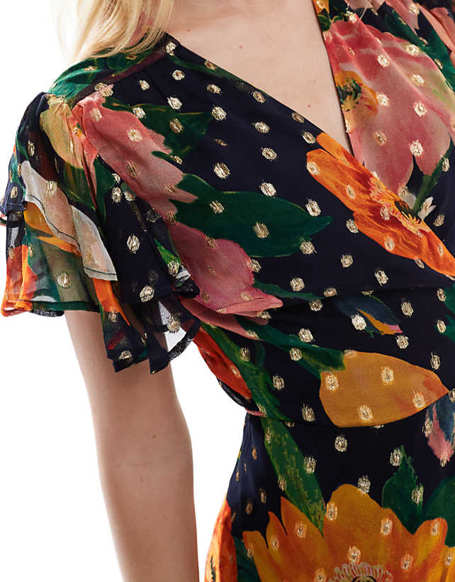 Asos Hope & Ivy Frill Sleeve Midi Wrap Dress With Tie Waist In Navy Print