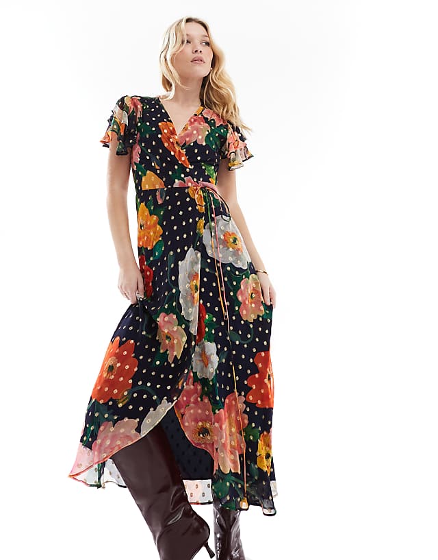 Asos Hope & Ivy Frill Sleeve Midi Wrap Dress With Tie Waist In Navy Print