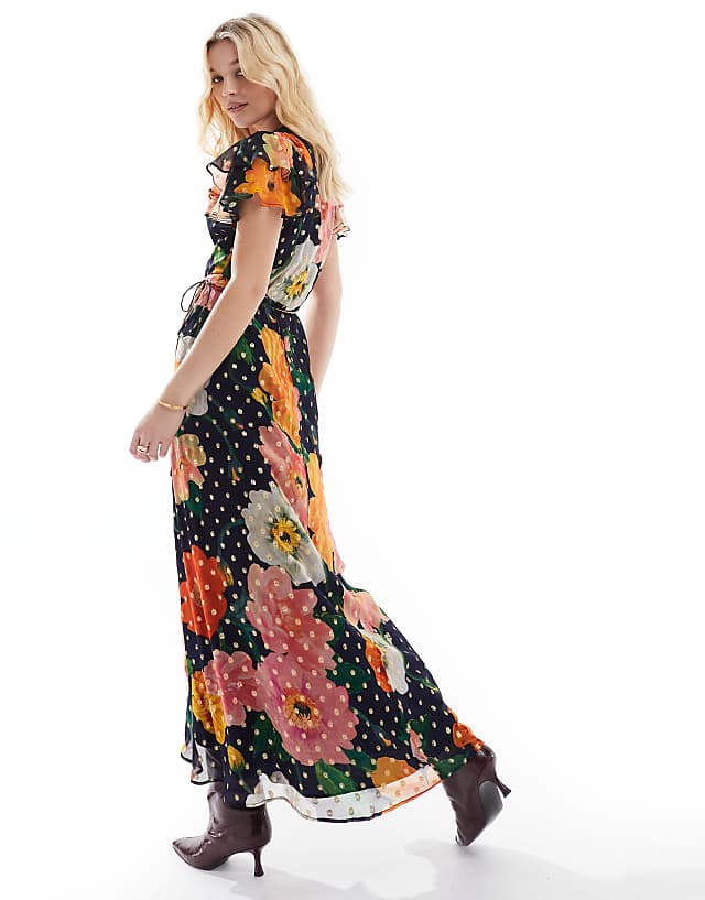 Asos Hope & Ivy Frill Sleeve Midi Wrap Dress With Tie Waist In Navy Print