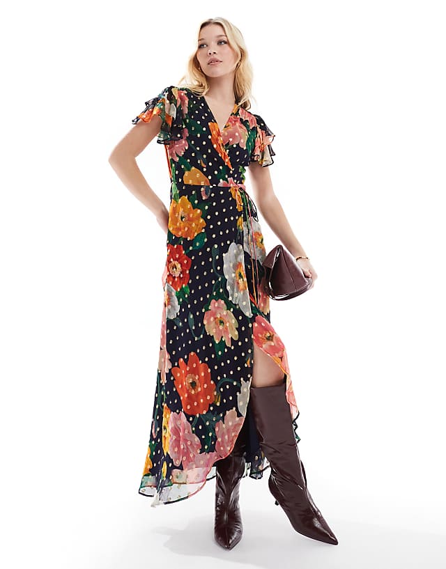 asos Hope & Ivy frill sleeve midi wrap dress with tie waist in navy print