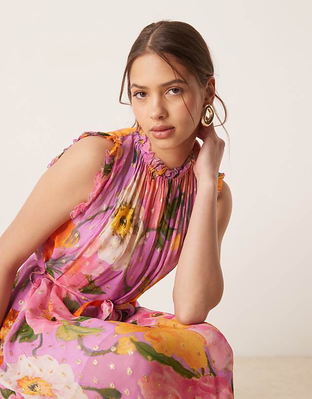 Asos Hope & Ivy High Neck Ruffle Midi Dress With Tie Waist In Pink Print